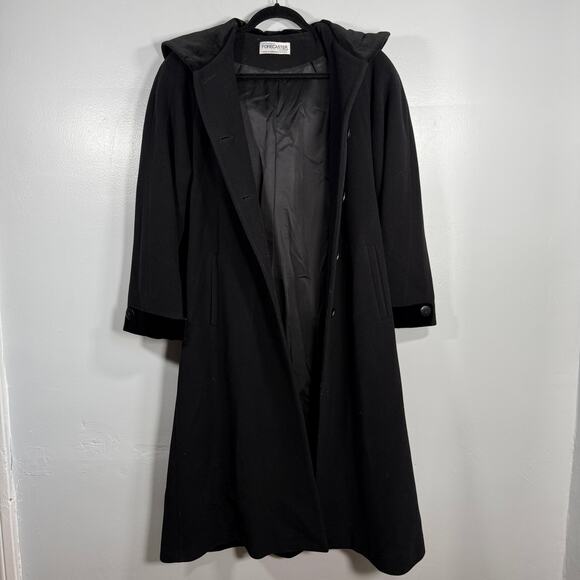 VTG Black Wool Hooded Velvet Trim Long Coat Witchy Dark Academia Core Gothic 12 - Picture 9 of 9